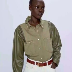 Zara Women’s Faux Leather & Canvas Studded Army Green Jacket Size M